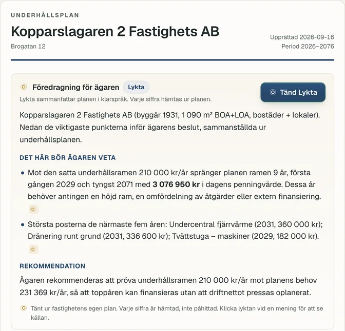 Rapporten för ett påhittat bolag: föredragning för ägaren om att planen går över underhållsramen nio år under planperioden, de största posterna de närmaste fem åren och en rekommendation att pröva ramen mot planens behov