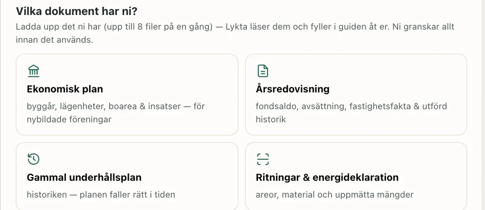 Guidad uppstart i Planbo: Vilka dokument har ni, med korten Ekonomisk plan, Årsredovisning, Gammal underhållsplan samt Ritningar och energideklaration