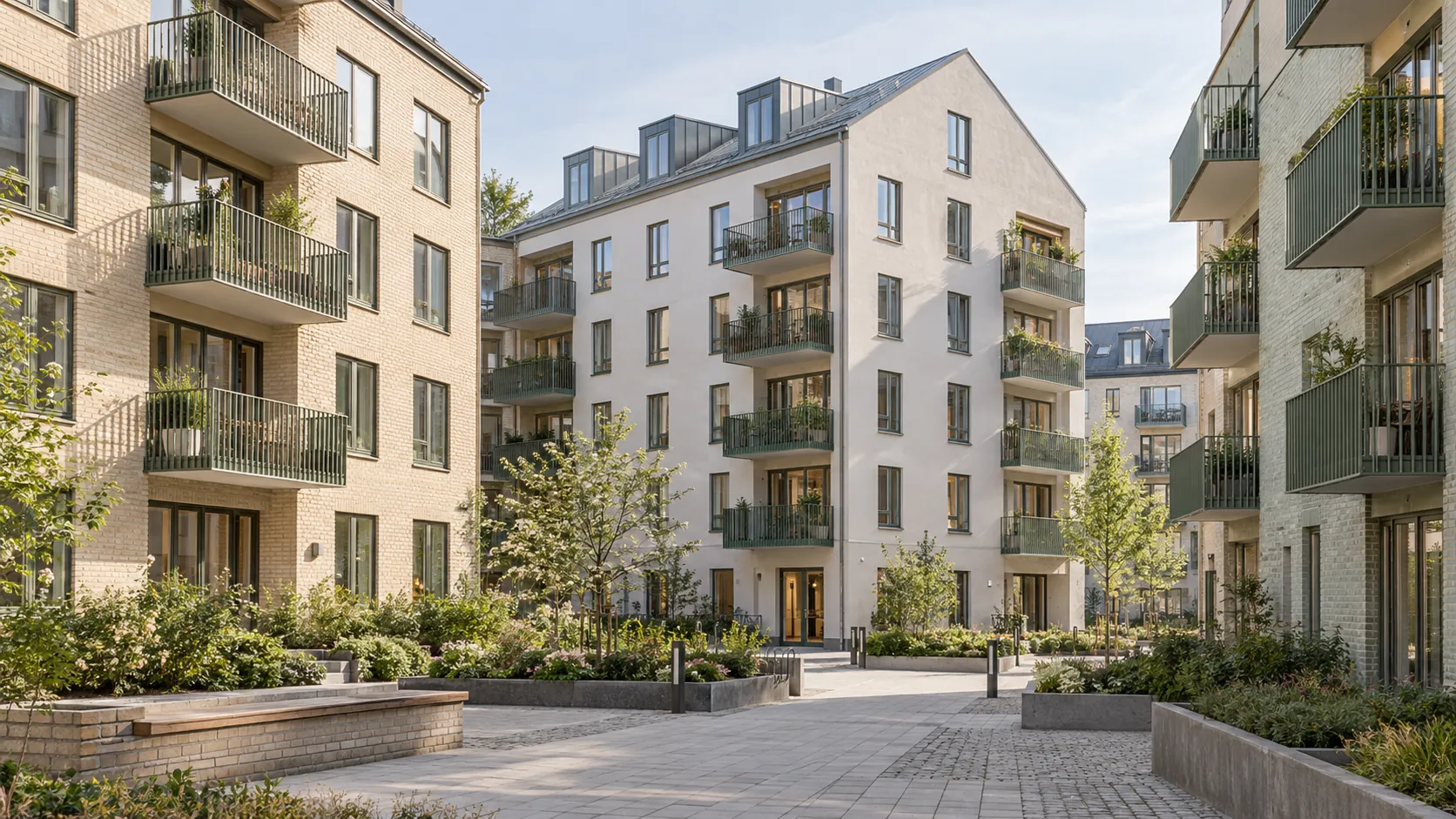 Illustrativ AI-genererad bild av en svensk bostadsgård med flera flerbostadshus i ljus tegel och puts, gröna balkongräcken och gångstråk mellan husen.