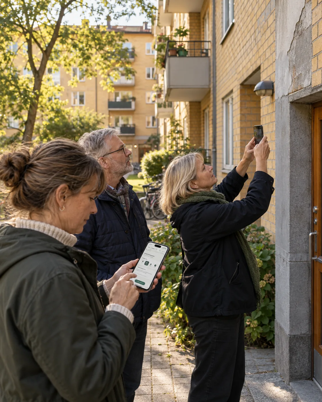 Illustrativ AI-genererad bild av en BRF-styrelse på husrunda vid ett svenskt tegelhus. En ledamot fotograferar entrén och en annan antecknar i Planbo på mobilen.