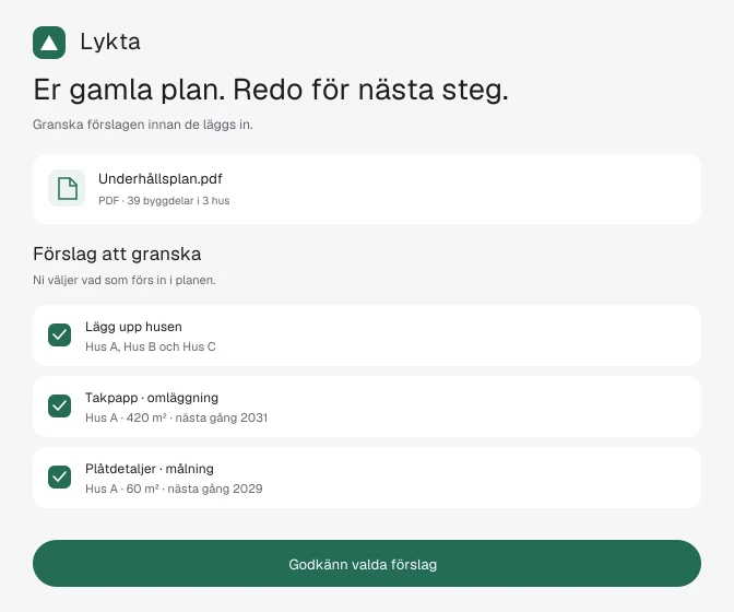 Koncept för Lyktas nya appdesign: en påhittad underhållsplan i PDF har lästs in, förslag för hus och byggdelar väljs för granskning och godkänns innan de förs in i planen. Alla värden är illustrativa.